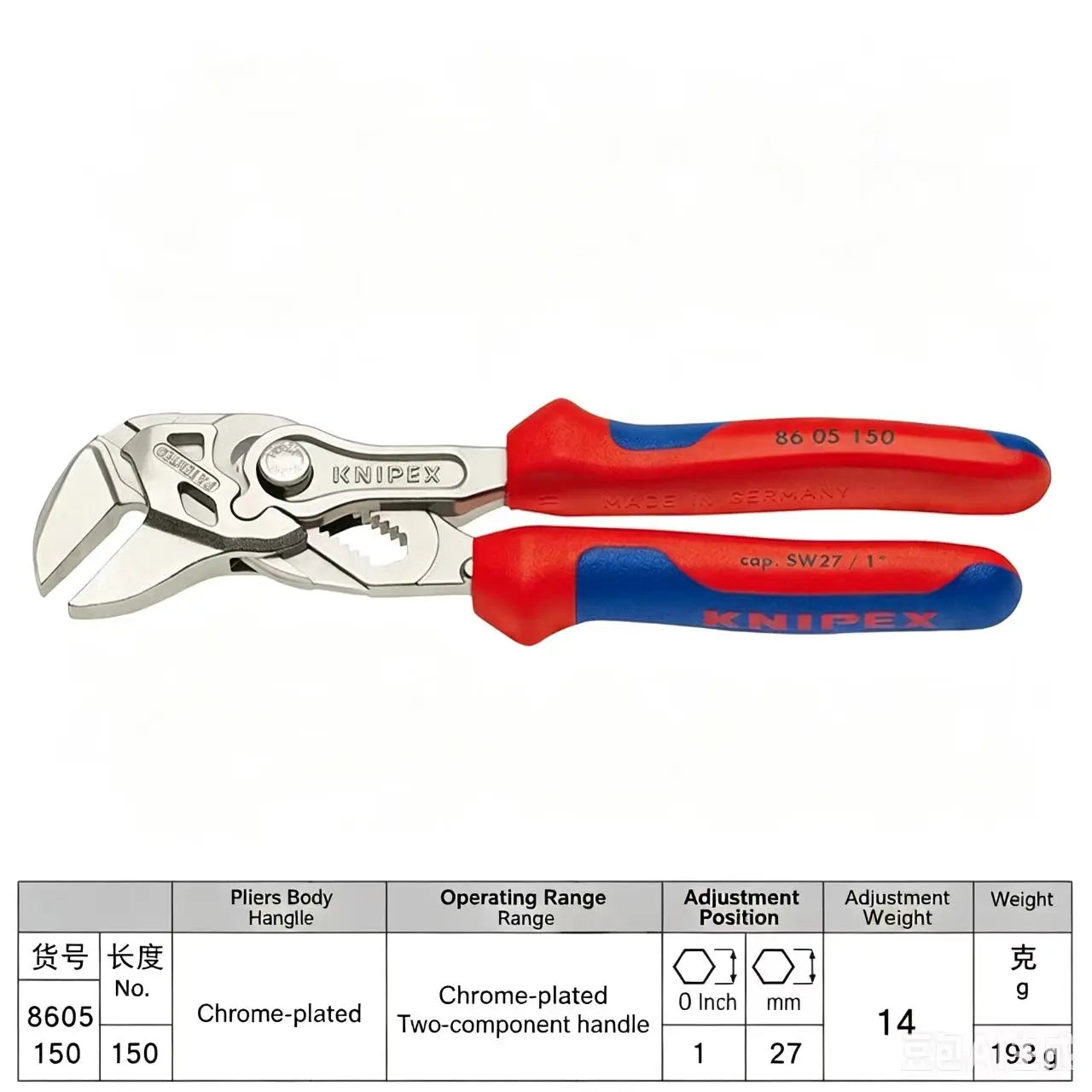 KNIPEX Tools - Pliers Wrench,8605150 Chrome, Multi-Component (8605180), 7-1/4 inches8605200