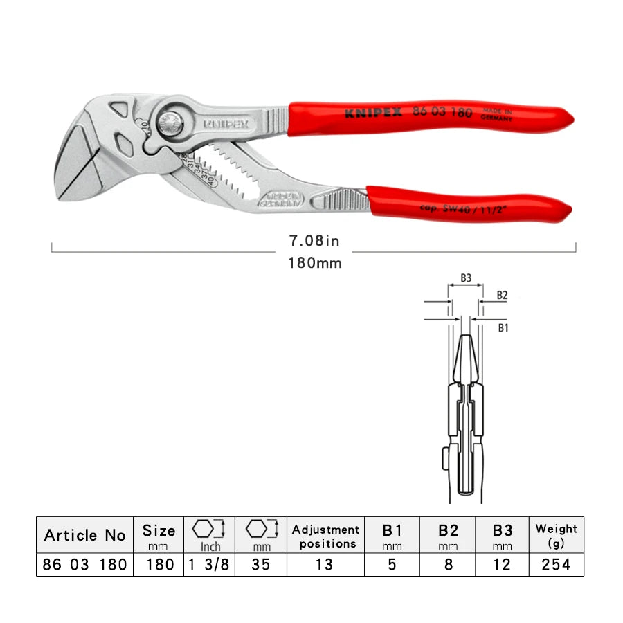 KNIPEX 8603180 180mm 2-In-1 Pliers Adjustable Spanner High-quality Wrench Plumbing Plier Hand Tools