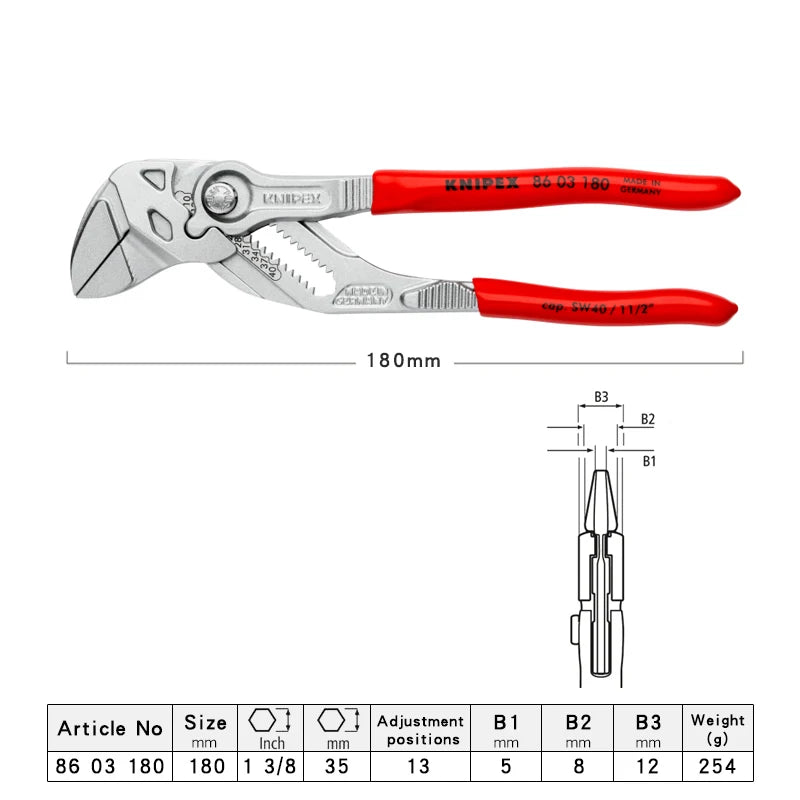 KNIPEX 8603180 180mm 2-In-1 Pliers Adjustable Spanner High-quality Wrench Plumbing Plier Hand Tools
