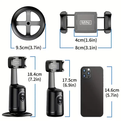 Measurement chart of various car accessories including a wheel, phone holder, and camera equipment.